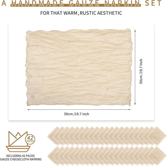 42 Packs Gauze Cheesecloth Napkins 20 x 20 Inch Beige Wrinkled Dinner Napkins, Light Brown Rustic Boho Soft Cloth Napkin for Wedding Party Event Dinner Table Decoration