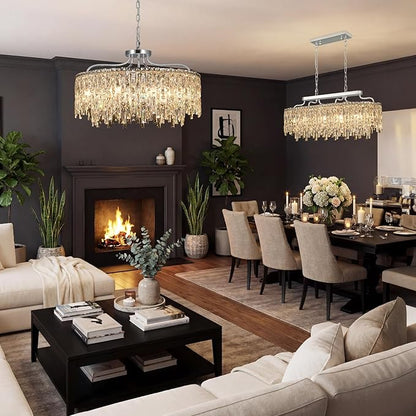 10 Lights Chrome Crystal Chandeliers for Dining Room Light Fixture | D28 Modern Round Crystal Chandelier Over Table | Hanging Lighting for Living Room Kitchen Island Bedroom Bathroom