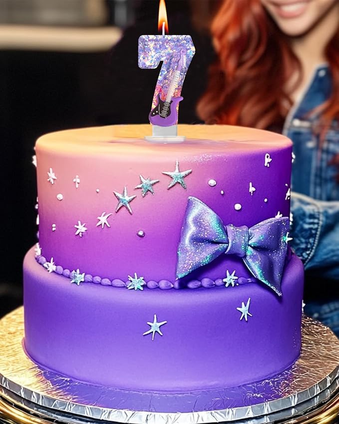 K-Pop Birthday Candle – Purple & Pink Glitter Music Theme Cake Candle with Guitar, Musical Party Decor for Girls, Teens, Kpop Fans (0)