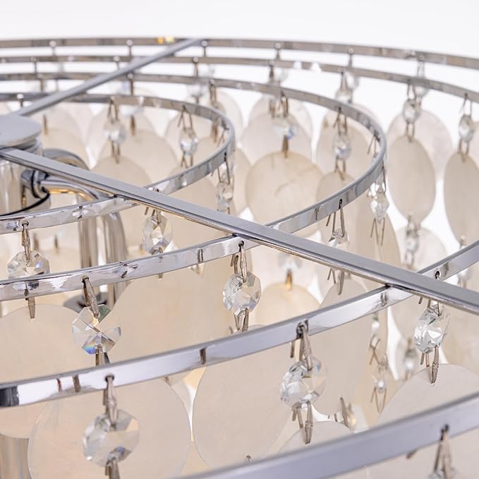 TOCHIC Modern Capiz Shell Crystal Chandelier 6-Light Chrome Coastal Chandelier for Living Dining Room Bedroom Nuture Seashell Boho Semi Flush Mount Ceiling Light Fixture for Kitchen Island Foyer
