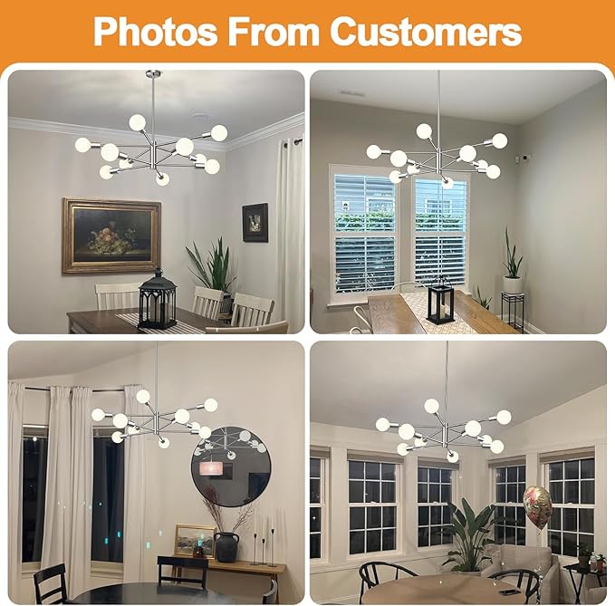 Sputnik Chandeliers Dining Room Light Fixture (10-Light, 32-Inch), Modern Brushed Nickel Chandelier, Height Adjustable Mid Century Modern Chandeliers for Living Room Entryway (Bulbs Not Included)