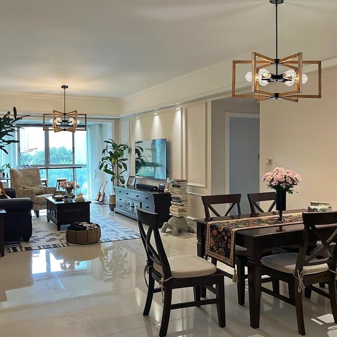 6 Light Farmhouse Chandelier, 23.62" Modern Chandelier for Entryway with Wooden Finish Industrial Rustic Hanging Pendant Light for Bedroom,Kitchen,Foyer,Living,Dining Room Lighting Fixtures
