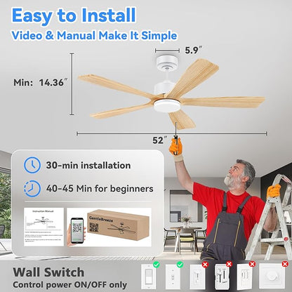 52 Inch Smart Ceiling Fan with Lights, Alexa/Google Voice Control, Quiet DC Motor, 6-Speed, Solid Wood Blades, Dimmable LED, 1-12H Timer, App & Remote Control, Modern Ceiling Fan for Bedroom, Patio