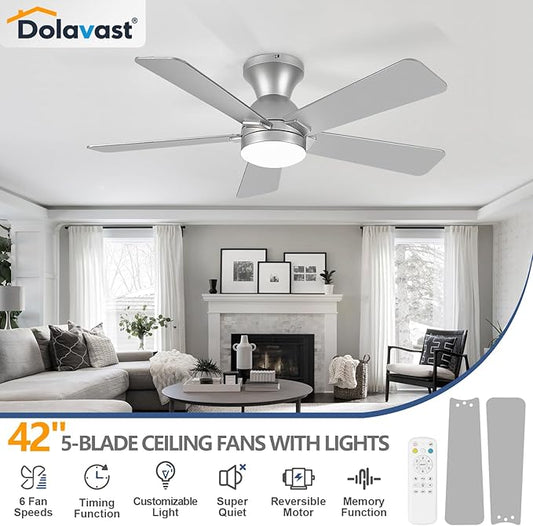 Ceiling Fans with Lights, 42 Inch Low Profile Ceiling Fan with Light and Remote Control, Flush Mount, Reversible, 3CCT, Dimmable LED, Quiet, Nickel Ceiling Fan for Bedroom, Kitchen