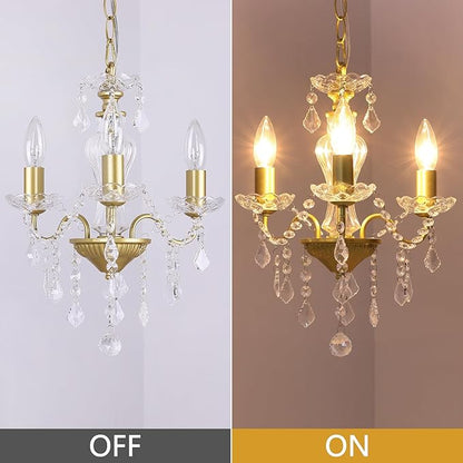 Plug in Modern 3-Light Gold Chandelier with Glass Crystals, Candle Style Pendant Light Fixtures for Living Room, Girls Room, Kitchen Island, Entryway