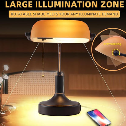 Vintage Bankers Desk Lamp with Pull Chain Switch, Traditional Desk Lamp with USB A and Type C Charging Port, Oil Rubbed Bronze Table Lamp with Amber Glass Shade for Office, Library, Study Room