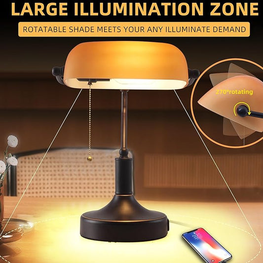 Vintage Bankers Desk Lamp with Pull Chain Switch, Traditional Desk Lamp with USB A and Type C Charging Port, Oil Rubbed Bronze Table Lamp with Amber Glass Shade for Office, Library, Study Room