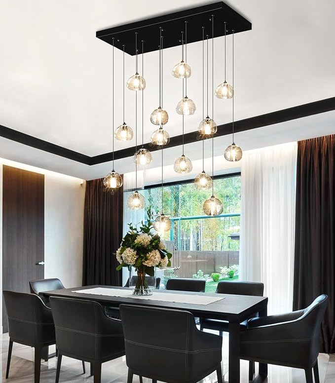HAIXIANG W27.6 x D11.8 x H118 Rectangular Glam Chandelier Bubble Crystal Ceiling Pendant Lights Dimmable High Ceiling Chandeliers Fixtures Adjustable Long Lights Black