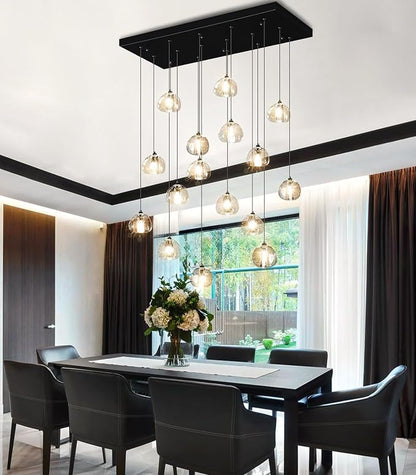 HAIXIANG W27.6 x D11.8 x H118 Rectangular Glam Chandelier Bubble Crystal Ceiling Pendant Lights Dimmable High Ceiling Chandeliers Fixtures Adjustable Long Lights Black