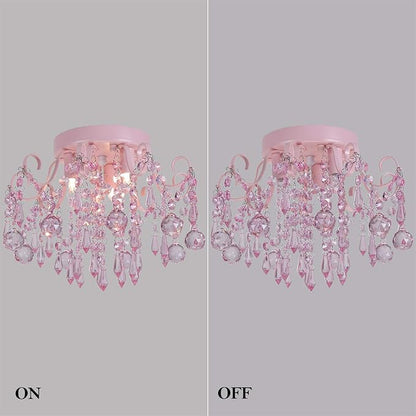 Q&S Mini Chandelier Crystal,Semi Flush Mount Pink Girl Chandelier, Small Crystal Ceiling Light Fixture Bedroom Bathroom Closet Nursery 3 Lights