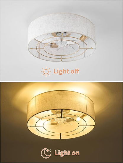 Ceiling Fans with Lights, 20" Boho Ceiling Fan with Light Flush Mount, Drum Rattan Low Profile with 6 Speeds, Remote Control for Bedroom, Nursery, Living Room