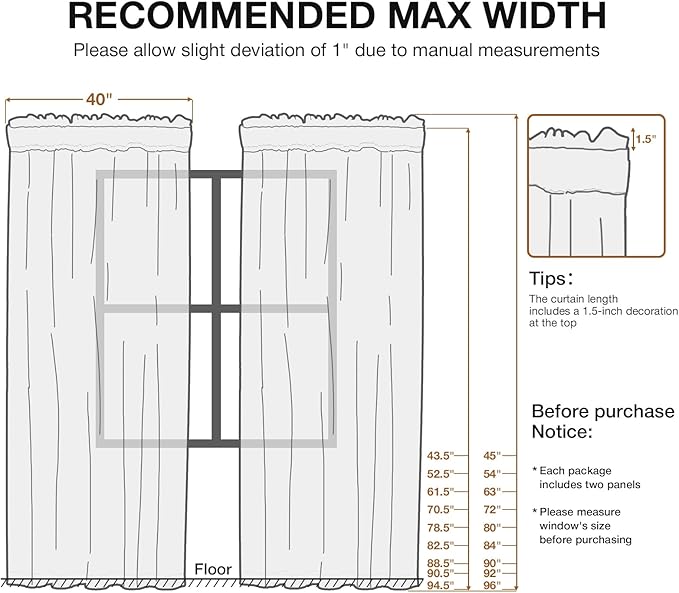 Anmao Non-See-Through Off White Privacy Semi Sheer Curtains for Living Room 96 Inch Length 2 Panels Set, Light Filtering That Let Light in Rod Pocket Window Drapes for Bedroom, 40W x 96L, Ivory White
