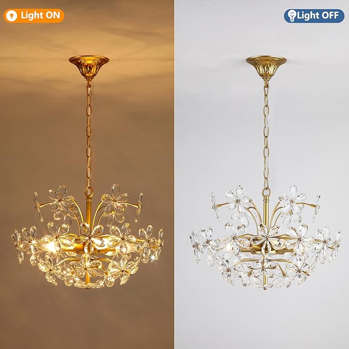 6-Light Gold Flower Crystal Chandelier 18'' Hanging Light Fixture with Height Adjustable Chain Farmhouse Chandelier for Dining Room, Living Room, Kitchen, Bedroom, Entryway, E12 Base (AJ9011)