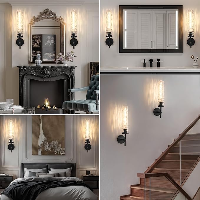 Black Wall Sconces, 19.5'' Knurled Bathroom Sconces Wall Lighting with Water Ripples Lampshade, Dimmable Indoor Vanity Wall Light Fixtures Decor for Living Room Hallway Bedroom Stairs