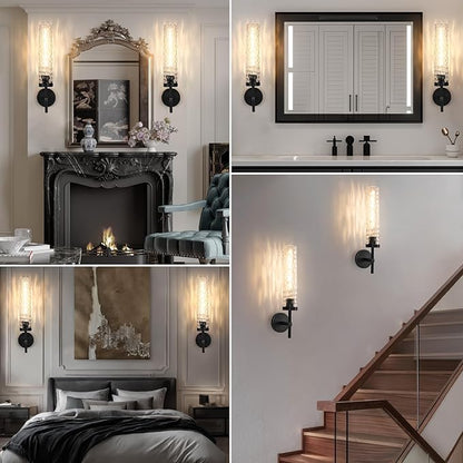 Black Wall Sconces, 19.5'' Knurled Bathroom Sconces Wall Lighting with Water Ripples Lampshade, Dimmable Indoor Vanity Wall Light Fixtures Decor for Living Room Hallway Bedroom Stairs