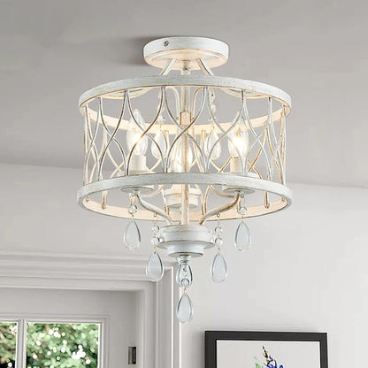 Farmhouse Crystal Ceiling Light Fixture, 3-Light Semi Flush Mount Crystal Chandelier Light Fixture Rustic Vintage White Pendant Ceiling Lamp for Hallway Corridor Kitchen Entryway Bedroom Living Room
