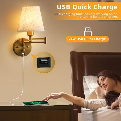 Bedside Wall Mount Light with Dimmable Switch and USB Port, Gold Swing Arm Fabric Shade Wall Sconce Light with Plug in Cord, Wall Lamp Perfect for Bedroom, Living Room and Hotel