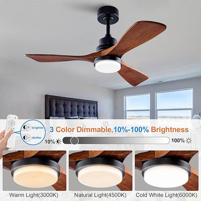 42 Inch Black Ceiling Fans with Lights and Remote,Dimmable LED Light,Quite Reversible DC Motor,Memory Function,Modern Solid Wood Indoor Outdoor Ceiling Fan with Light for Office Patios