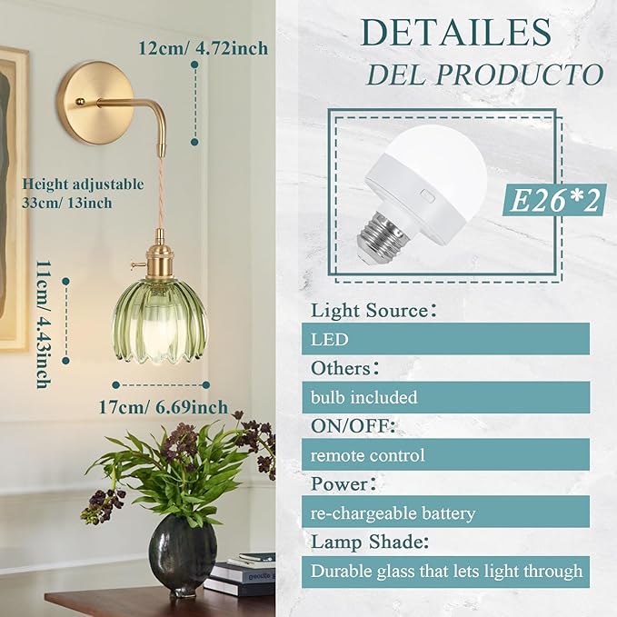 Battery Operated Wall Sconce, Indoor not Hardwired Wall Sconces Deep Green Glass Lampshade with RGB Dimmable, Wall Sconces Set of Two with Remote, Vintage Wall Lamp, for Bedroom Living Room