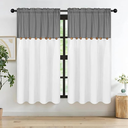 FRAMICS Farmhouse Cotton Linen Curtains for Living Room, Boho Button Curtains 63 Inch Length, Grey Rustic Country Linen Window Curtains for Bedroom, Rod Pocket Curtains & Drapes, 52 x 63 Inch, Grey