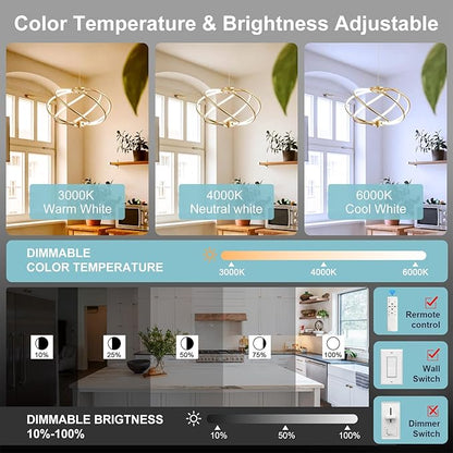 CHYING Modern Gold Chandelier with Remote Control, 48W 3-Color Temperature Dimmable LED Chandelier for Dining Room, Hanging Adjustable Pendant Light for Living Room Kitchen Entryway Foyer