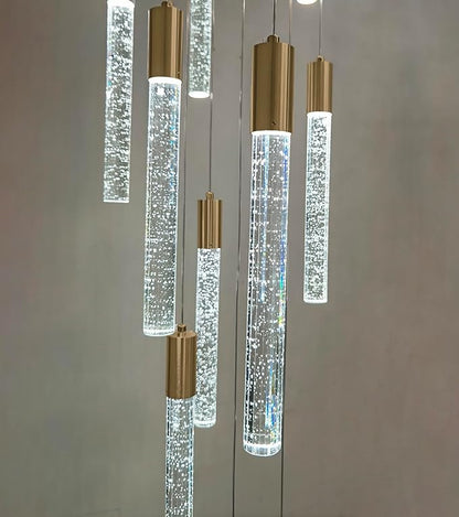HAIXIANG 14.7 Foot High Ceiling Chandelier for Entryway Modern Crystal Lights for Living Room Foyer Flush Mount Sloping Ceiling Pendant Light Fixture Remote Dimmable 28-Lights Gold