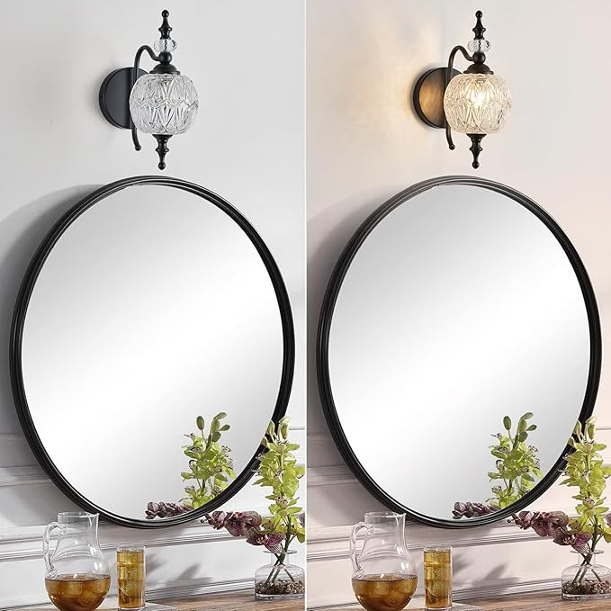 Black 1-Light Wall Light Fixtures with Crystal Glass Shade Vintage Bathroom Wall Sconces Retro Bathroom Vanity Light Fixtures for Bedroom Living Room Farmhouse