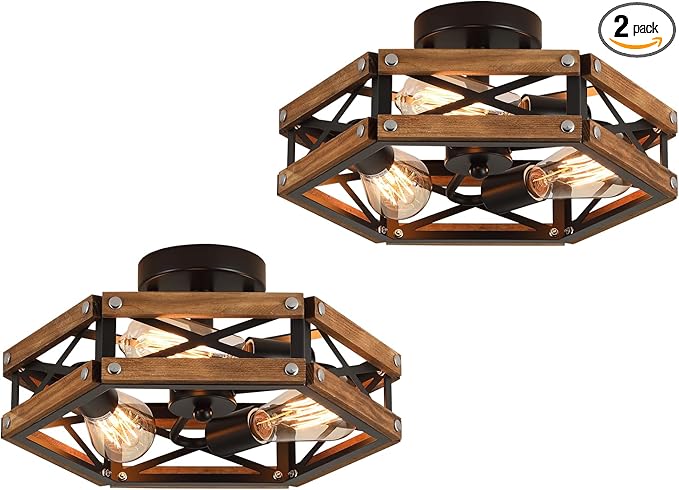 2 Pack 3-Light Rustic Farmhouse Wood Flush Mount Ceiling Light Fixture Oak Wood and Metal Cage Semi Flush Mount Ceiling Light for Hallway Hall Entry Bedroom Kitchen Farmhouse, Black