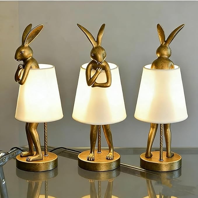 YHT Bunny Table Lamp, Cute Animal Rabbit Lamp,Bunny Lamps,15.7" Vintage LED Desk Light with Linen Lampshade,Gold Main Part Beside Lamp for Bedroom, Study Room, Office, Nursery, Home Decor (White)