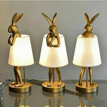 YHT Bunny Table Lamp, Cute Animal Rabbit Lamp,Bunny Lamps,15.7" Vintage LED Desk Light with Linen Lampshade,Gold Main Part Beside Lamp for Bedroom, Study Room, Office, Nursery, Home Decor (White)