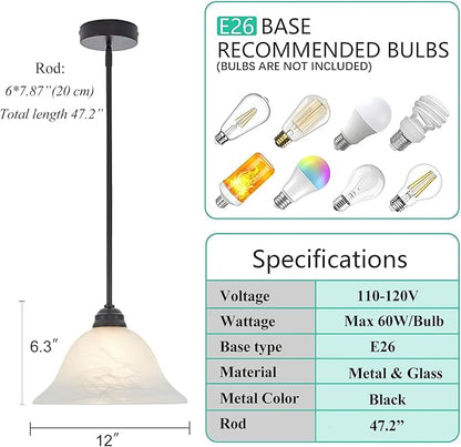 Modern Alabaster Glass Pendant Light Adjustable Rod Pendant Lighting Fixture for Kitchen Sink Bar Dining Room, 12“D (Black)