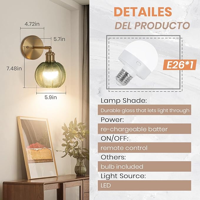 Vintage Wall Sconce Set of Two, Battery Operated Wall Sconce with Deep Green Tulip Glass Lampshade Rechargeable Wall Light with Remote Control for Bedroom,Living Room