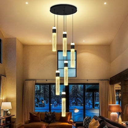 6-Lights Modern Crystal Column Chandelier for Living Room Foyer Long Crytsal Chandeliers Pendant Lighting Flush Mount Hanging Light Fixture for Living Room Foyer Entryway