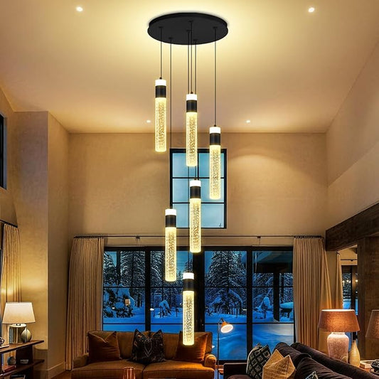 6-Lights Modern Crystal Column Chandelier for Living Room Foyer Long Crytsal Chandeliers Pendant Lighting Flush Mount Hanging Light Fixture for Living Room Foyer Entryway