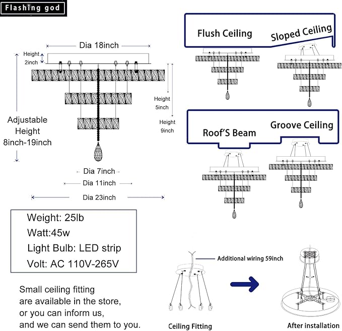 Flashing God Modern Crystal Chandeliers Dia 24" Silver Chandelier Flush Mount Ceiling Light for Bedroom Living Room Dining Room Hallway Dimmable 3 Rings LED Celing Lighting Fixtures