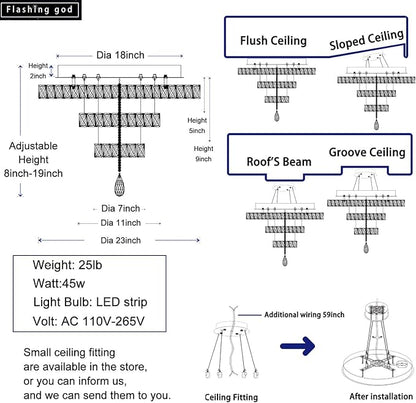 Flashing God Modern Crystal Chandeliers Dia 24" Silver Chandelier Flush Mount Ceiling Light for Bedroom Living Room Dining Room Hallway Dimmable 3 Rings LED Celing Lighting Fixtures