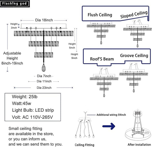 Flashing God Modern Crystal Chandeliers Dia 24" Silver Chandelier Flush Mount Ceiling Light for Bedroom Living Room Dining Room Hallway Dimmable 3 Rings LED Celing Lighting Fixtures