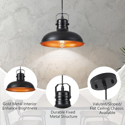 Industrial Pendant Light, 10.5 Inch Farmhouse Small Black and Gold Chandelier, Vintage Hanging Light Fixture with 71'' Height Adjustable Cord for Kitchen Island, Dining Room, Bedroom - 1 Pack