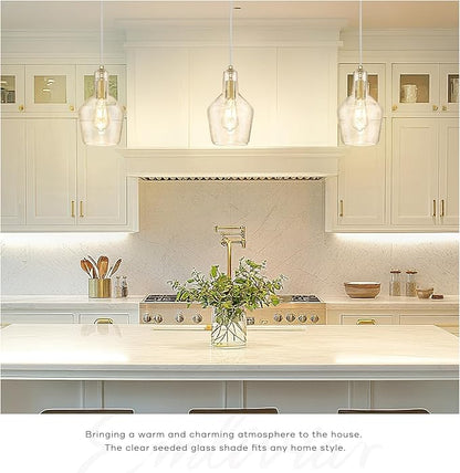 Emliviar 11 Inch Farmhouse Pendant Light Fixture, 1-Light Hanging Kitchen Lighting with Seeded Glass, Brushed Gold Finish, DYE286G2-MIL BG