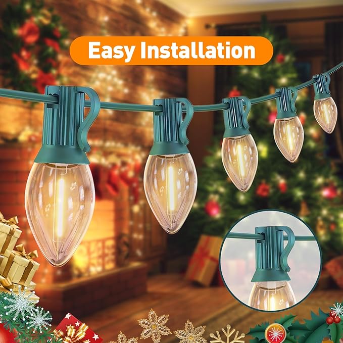 C7 LED Christmas Lights, 25FT Outdoor String Lights with 27 Warm White Bulbs, Waterproof Shatterproof for Porch, Halloween, Holiday Party Décor
