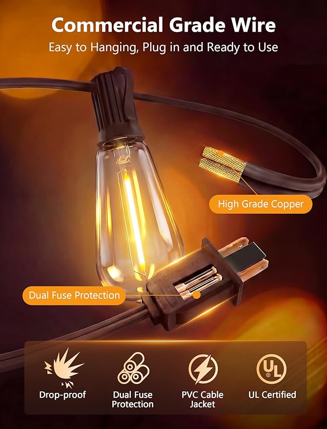 20FT ST40 LED Outdoor String Lights, Vintage Edison Patio Lights with 22 Shatterproof Bulbs, Waterproof Hanging Outdoor Lights for Backyard Porch Deck Bistro Garden, Warm White 2700K, Brown Wire