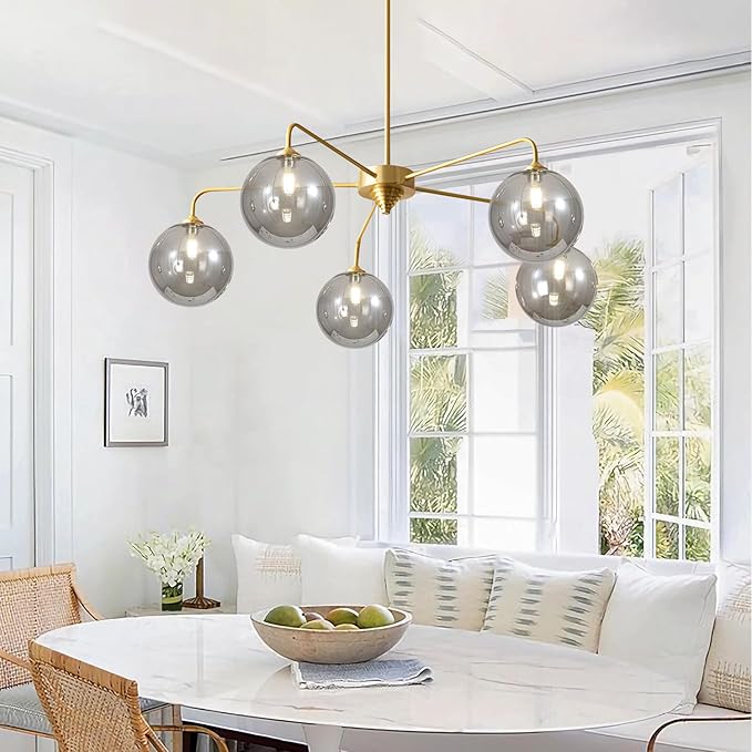 5-Light Gold Sputnik Chandelier, Mid Century Modern, Smoke Gray Glass Shade, Kitchen, Dining, Bedroom, 38.6" L x 30.7" H