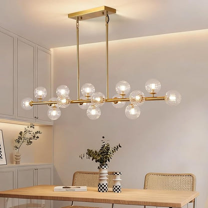 Gold Globe Chandelier Linear Rectangle Modern Chandelier Glass Pendant Light Fixture Adjustable for Dining Living Room Kitchen Island 55"