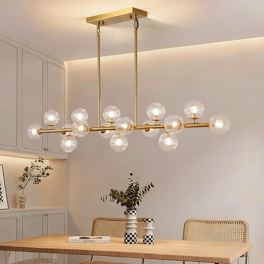 Gold Globe Chandelier Linear Rectangle Modern Chandelier Glass Pendant Light Fixture Adjustable for Dining Living Room Kitchen Island 55"