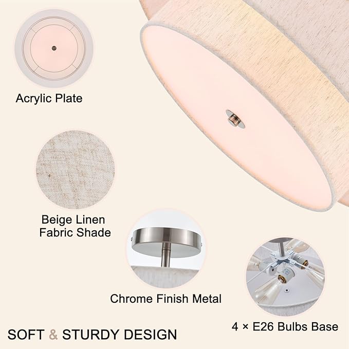 21.7" Modern Semi Flush Mount Ceiling Light 4-Lights Linen Drum Ceiling Lighting with Chrome Finish, Vintage Ceiling Light Fixture for Laundry Room, Kitchen, Living Room, Dining Room, Bedroom