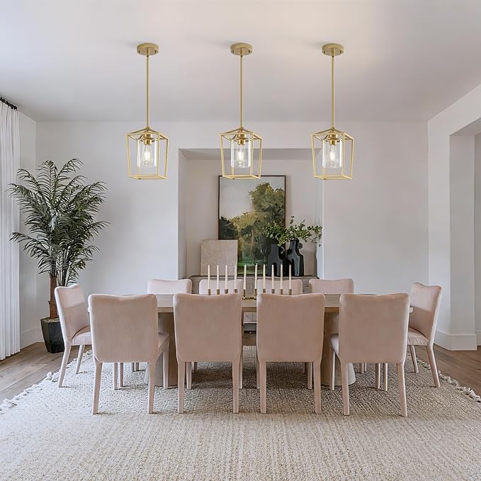 Gold Pendant Lighting for Kitchen Island, 1 Light Modern Cage Kitchen Hanging Pendant Lights with Clear Glass Shade for Kitchen Island, Dining Room, Entryway, Hallway