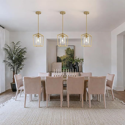 3 Pack Gold Pendant Lights, Modern Farmhouse Kitchen Pendant Lighting Over Island, Metal Cage Hanging Lights with Clear Glass Shade for Kitchen Island, Dining Room, Entryway, Hallway
