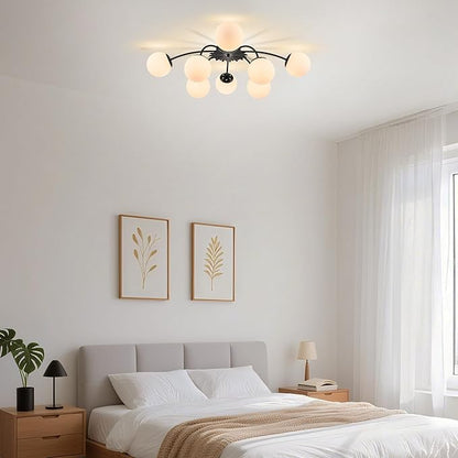 Longree 8-Light Black and White Sputnik Chandelier Flush Mount Ceiling Light with Blossom Accent, Mid Century Opal Glass Globe Bubble Chandeliers for Dining Hallway Living Entry Room