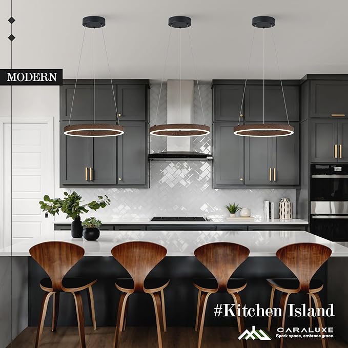 12in LED Ring Chandelier Wood Grain Modern Dimmable Pendant Light Height Adjustable Circular Hanging Ceiling Fixture for Kitchen Island Dining Table Entryway Sink