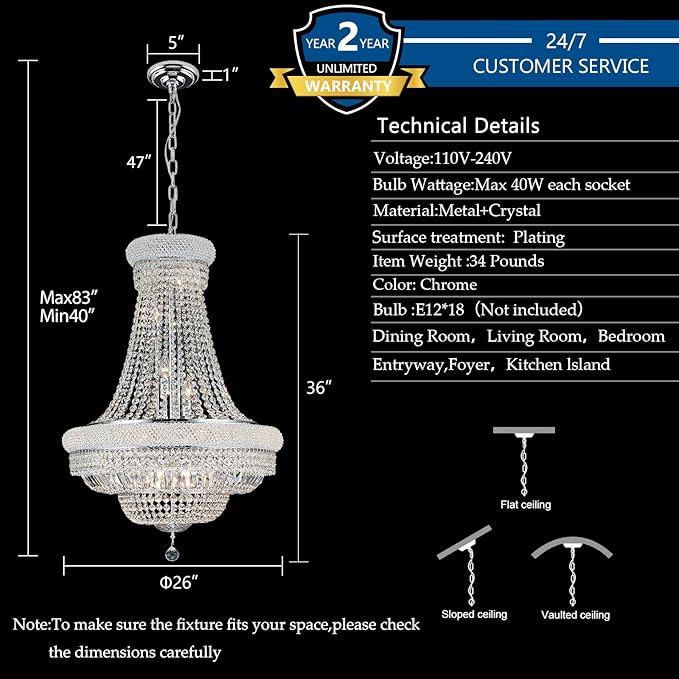 Crystal Chandeliers for Dining Room Light Fixture，Empire Style K9 Crystal Chandeliers for Entryway，18 Lights Chrome Luxury Lighting Fixtures for Living Room Bedroom Foyer Hallway D26 Inch